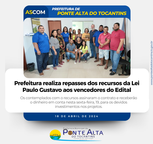 Prefeitura realiza repasses dos recursos da Lei Paulo Gustavo aos vencedores do Edital